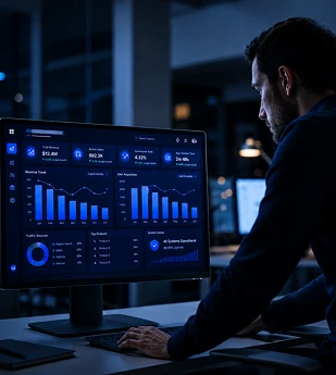 Operador analizando el tablero de datos de la flota en un monitor